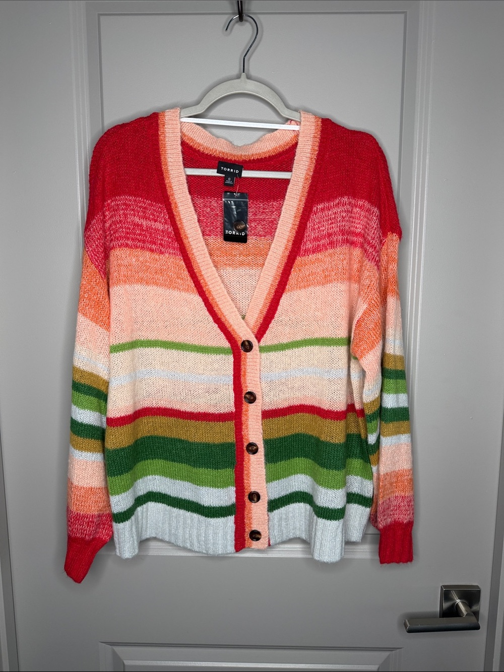 torrid Red Pink Orange Green Cream Striped V-Neck Button Cardigan